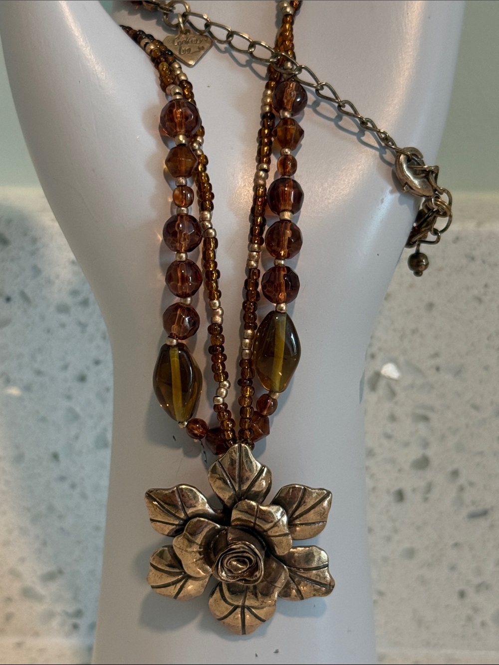 Vintage Cookie Lee Floral Golden Amber Pendant Necklace